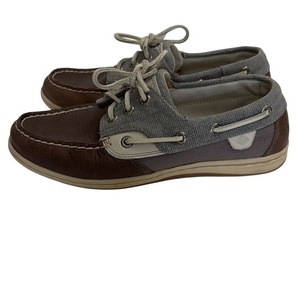Sperry Top-Sider Boat Shoes Brown Leather Gray Canvas Preppy Coastal Womens 7 - Picture 5 of 10